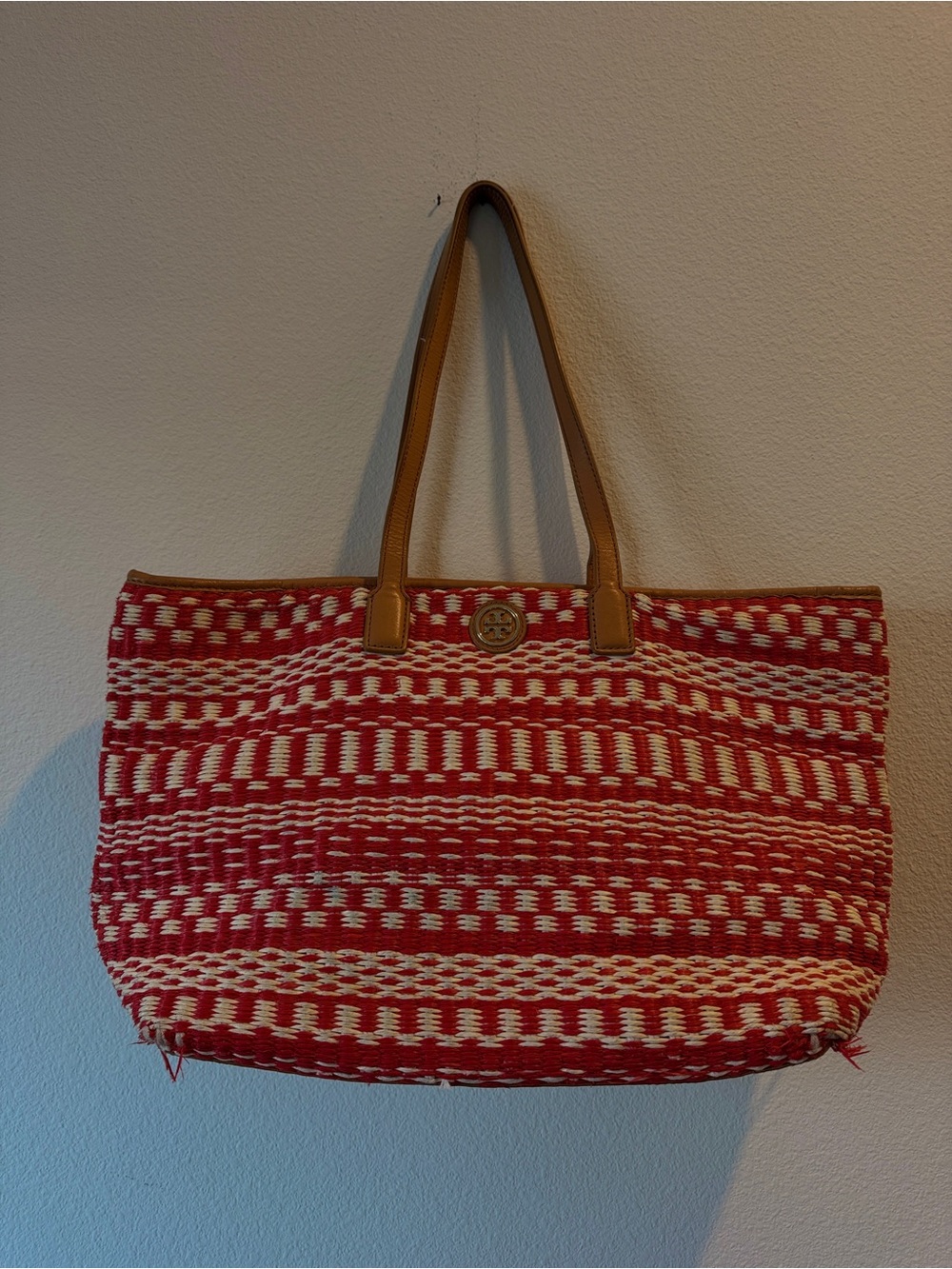 Tory Burch Red and Cream Woven Tote Bag